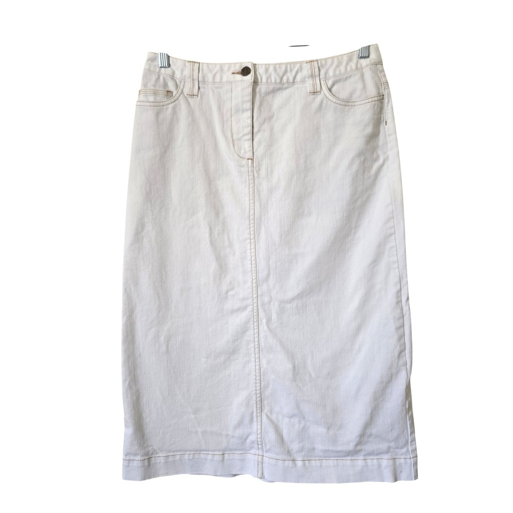 Boden Womens 10 Denim Skirt White Contrast Stitch Midi Straight Stretch Cotton